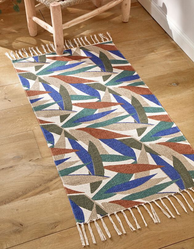 Tapis tissé petit format imprimé jungle - rectangulaire (écru / bleu)