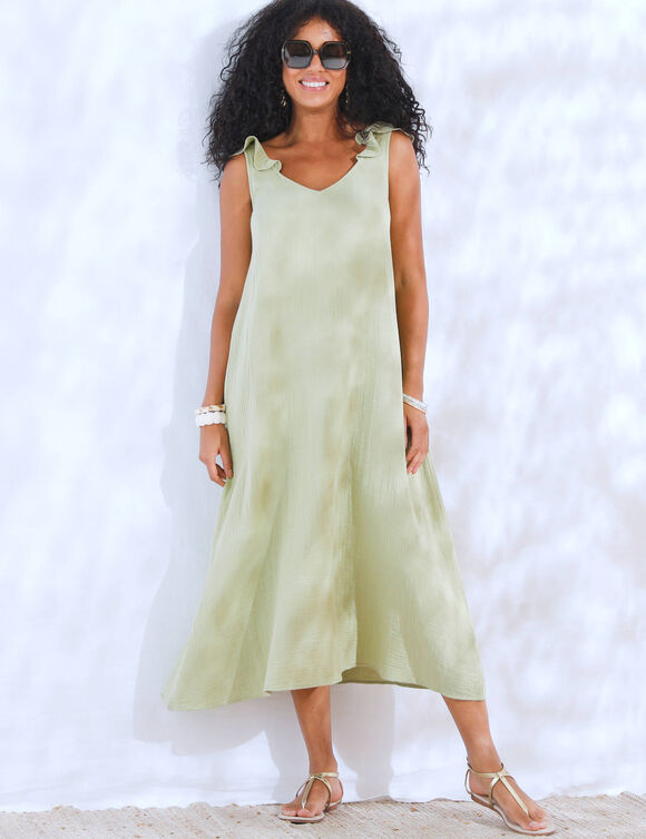 Robe longue &eacute;paules volant&eacute;es, en gaze de coton (kaki)