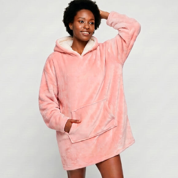 Hoodie-plaid in fleece met kap en sherpavoering (roze)