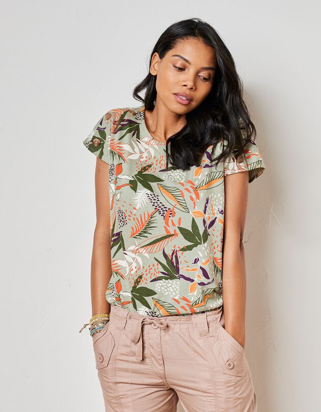 Tee-shirt col rond imprimé tropical (kaki / tomette)