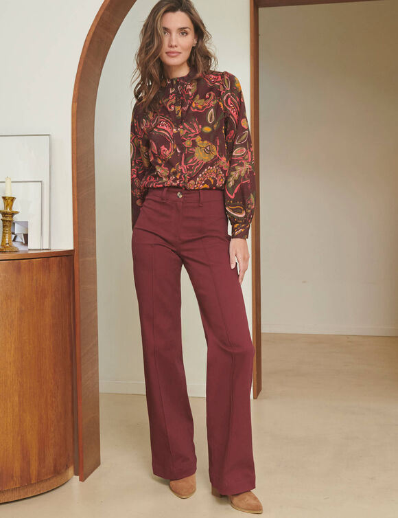 Pantalon large d&eacute;tails plis piqu&eacute;s, petite stature (bordeaux)