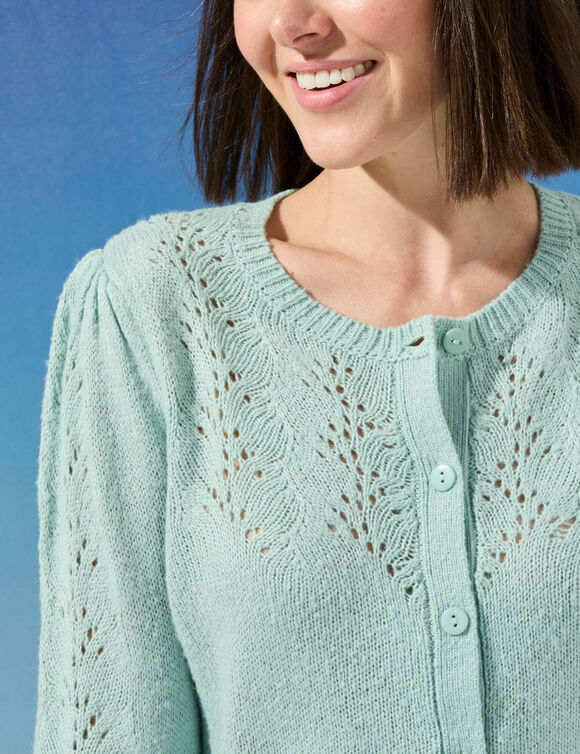 Cardigan col rond, maille ajourée (vert d'eau)