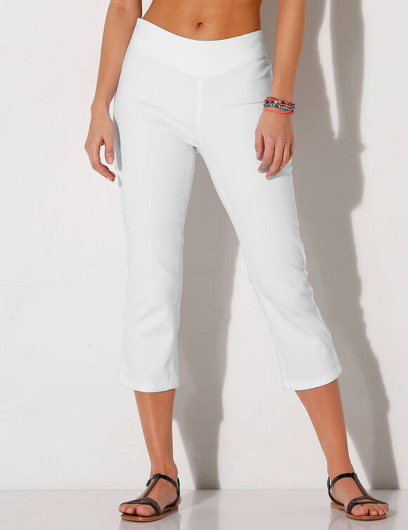 Pantacourt toile stretch, effet ventre plat (blanc)