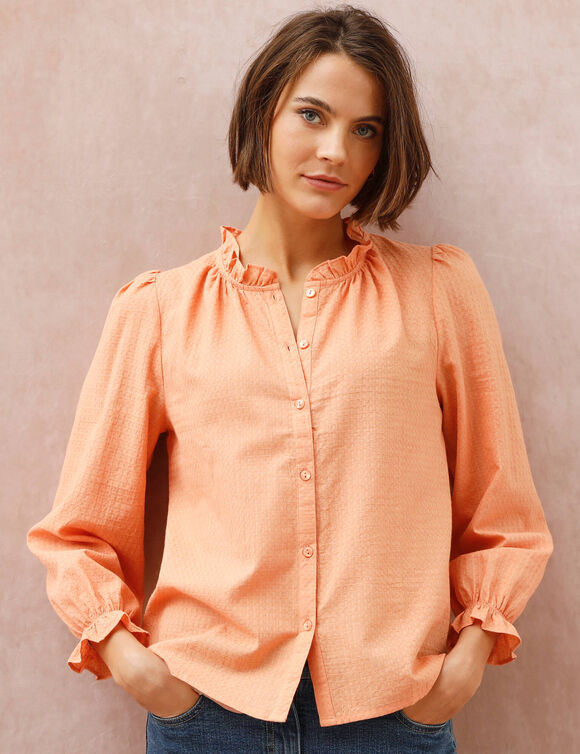 Chemisier uni volant&eacute; en coton textur&eacute; (abricot)
