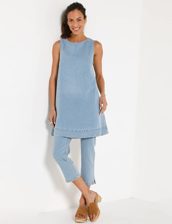 Tunique trap&egrave;ze sans manches, en jean (bleached)