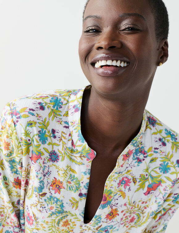 Tuniek met bloemenprint, Tunesische hals (ecru / groen)