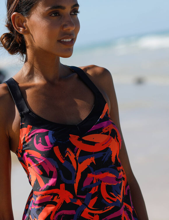 Haut de tankini imprimé dos croisé Lohena, coques moulées (noir / orange)