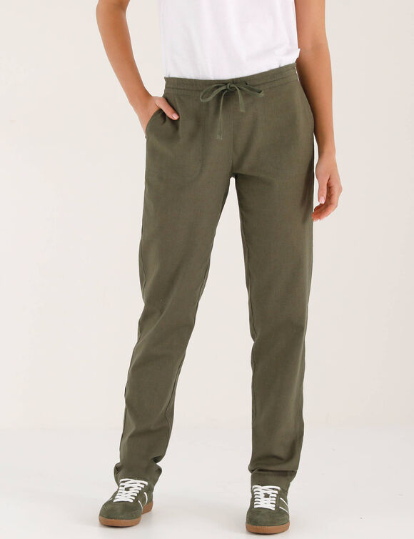 Pantalon fusel&eacute; fluide, lin-coton (kaki)