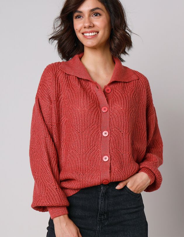 Cardigan maille fantaisie manches blousantes avec col (bleu paon)
