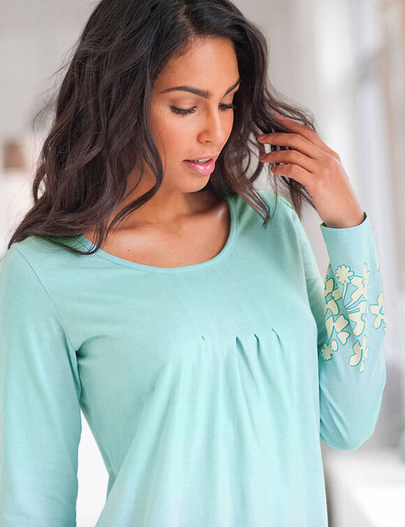 Chemise de nuit imprimée fleurie manches longues (aqua)