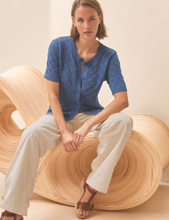 Gilet manches courtes, maille ajour&eacute;e (bleu jean)