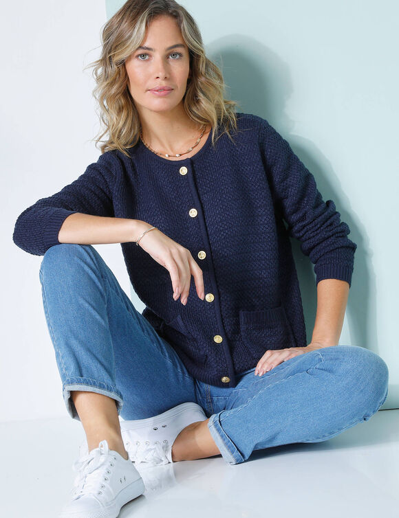 Cardigan met knoopsluiting en zakken, fantasietricot (marine)