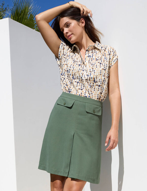 Jupe trap&egrave;ze avec pli creux, en cr&ecirc;pe (kaki)