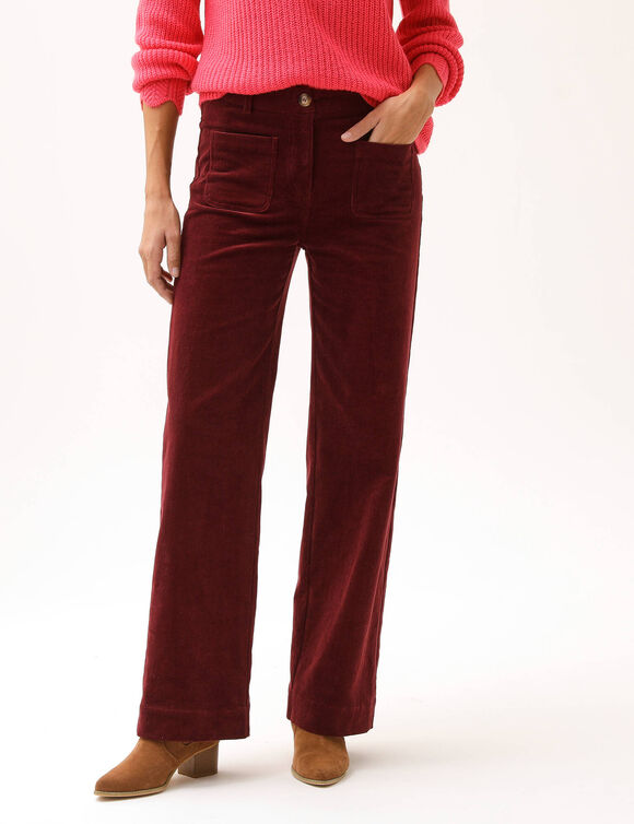 Pantalon velours coupe large taille haute, petite stature (bordeaux)