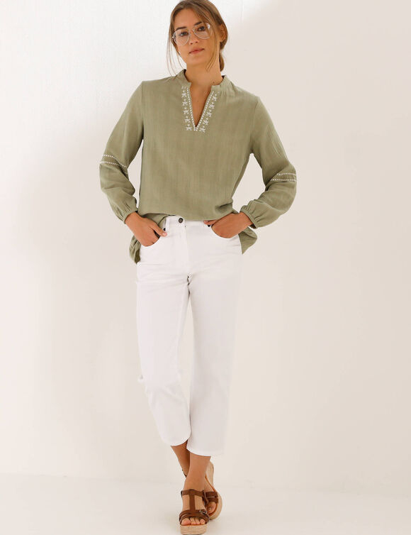 Geborduurde tuniek, Tunesische hals (amandel groen / ecru)