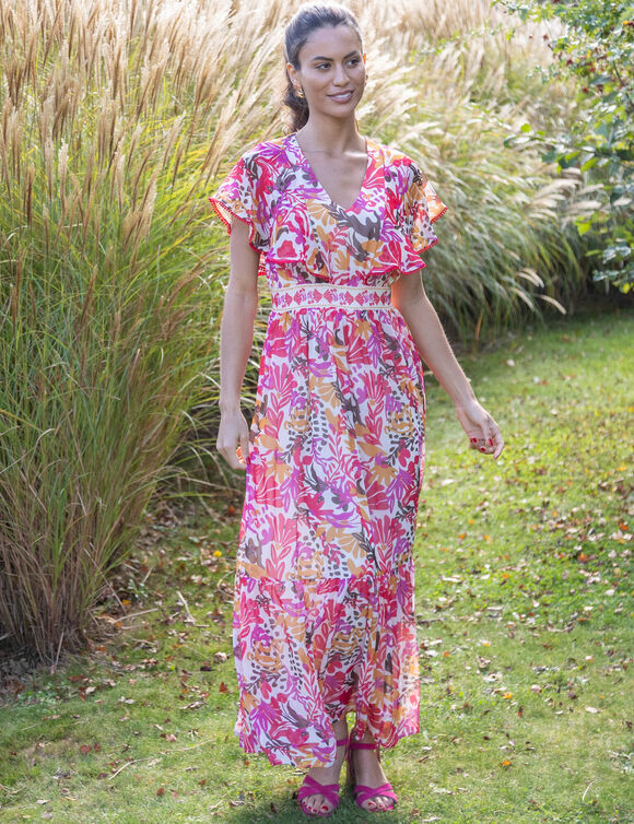Robe longue manches volant&eacute;es, imprim&eacute; multicolore (multicolore)