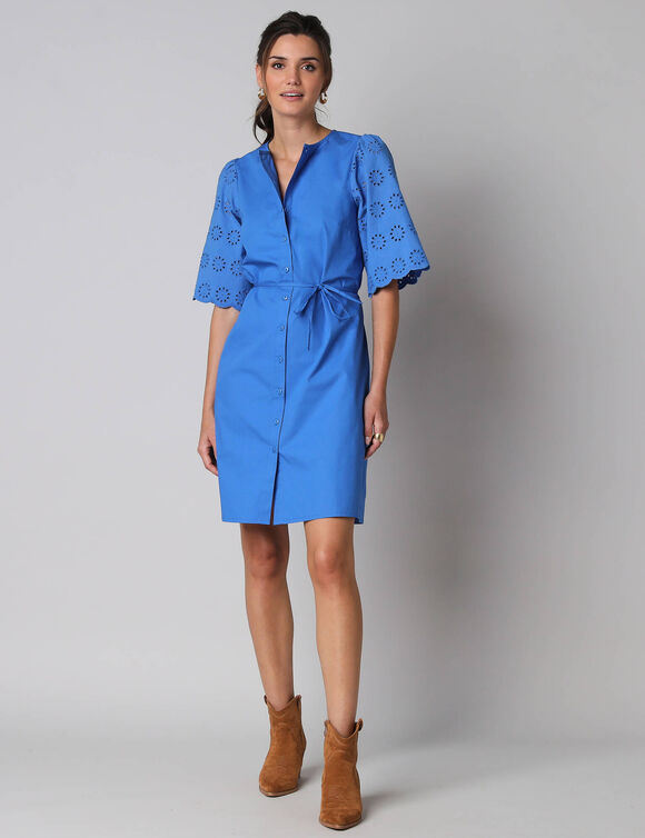 Robe-chemisier en coton uni, &agrave; manches coudes en broderies anglaises (blauw)