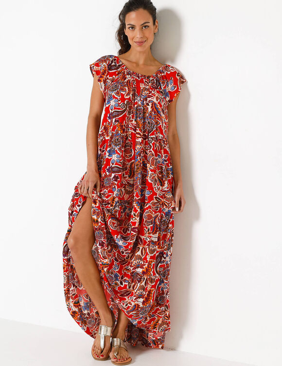 Robe longue volantée, cr&eacute;pon imprimé (rouge / bleu)