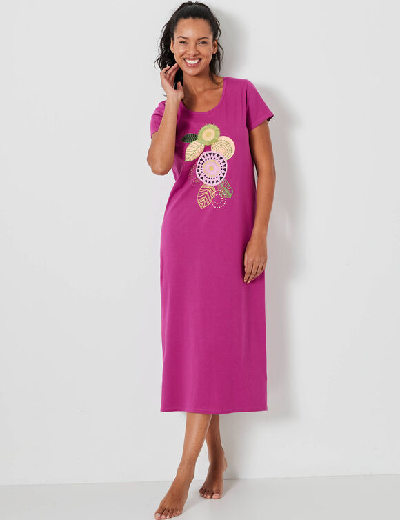 Lang nachthemd met korte mouwen en rozettenmotief (violine)