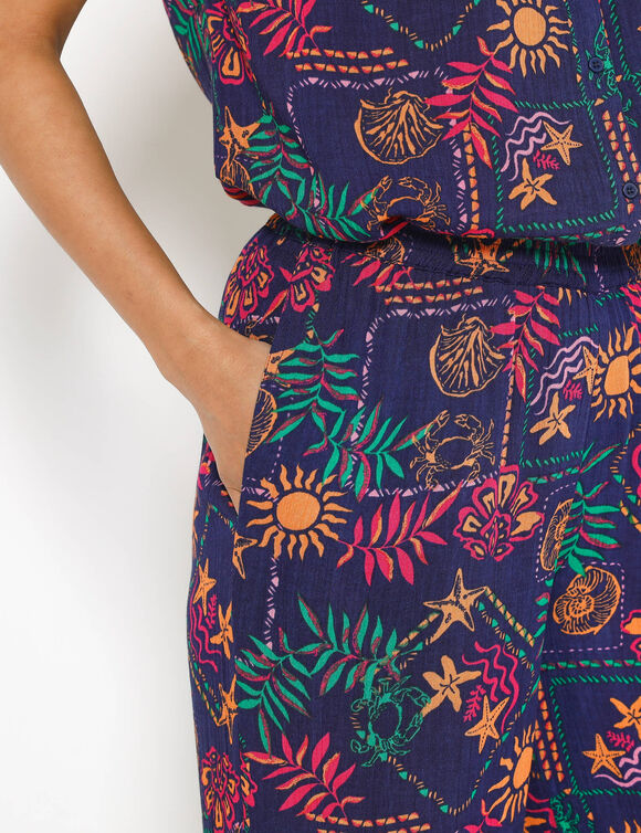 Pantalon large taille &eacute;lastiqu&eacute;e imprim&eacute; soleil, cr&eacute;pon fluide (marine / fuchsia)