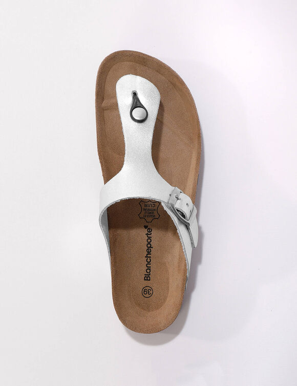 Sandales entredoigts cuir, boucle r&eacute;glable (argent&eacute;)