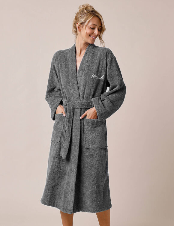 Peignoir mixte adulte uni coton éponge bouclette col kimono personnalisé (anthracite)