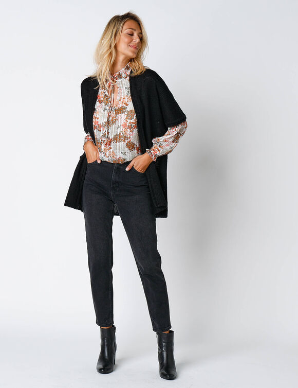 Gilet long ouvert manches courtes toucher doux  (noir)