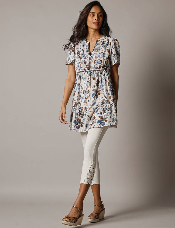 Tunique col tunisien brod&eacute;, imprim&eacute; fleuri (&eacute;cru / chocolat)