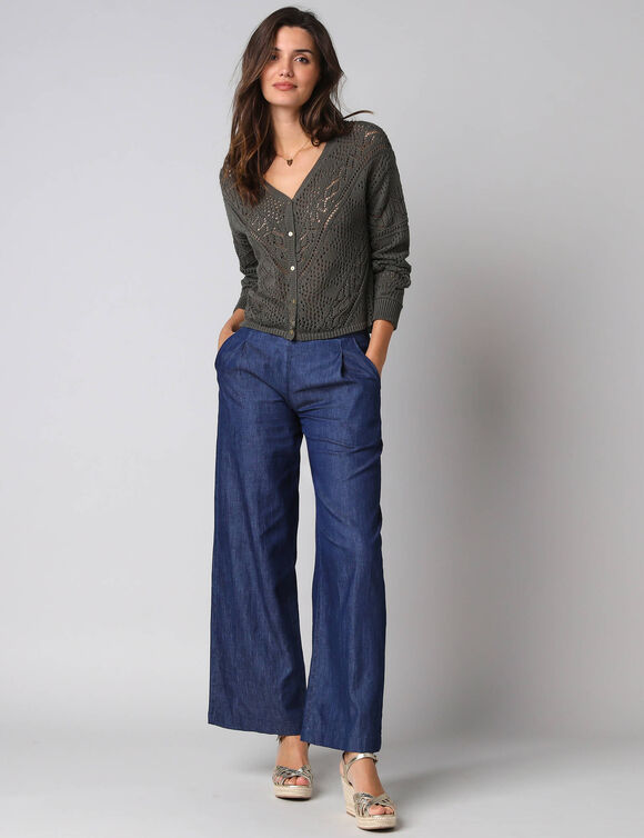 Gilet boutonn&eacute; en coton ajour&eacute; manches longues (kaki)