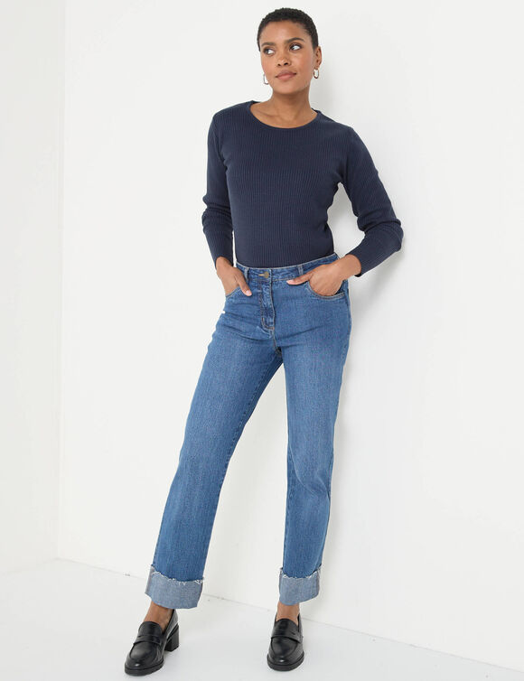 Pull col rond manches longues maille côtelée (marine)