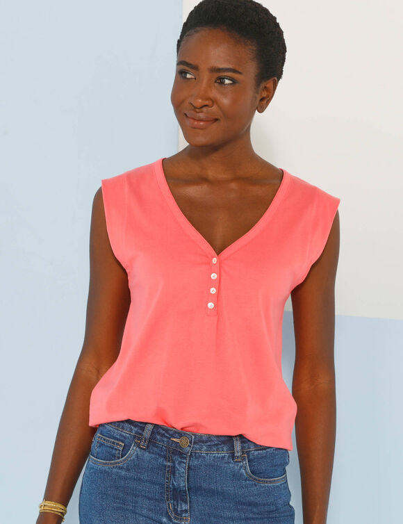 Débardeur col V, détail dos broderie anglaise (corail)