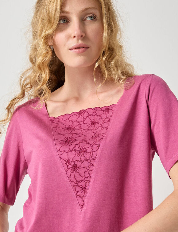 Geborduurd boxy T-shirt, korte wijde mouwen (vijgenkleur)