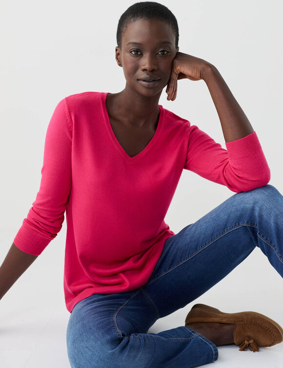 Pull col V, toucher doux (rose fuchsia)