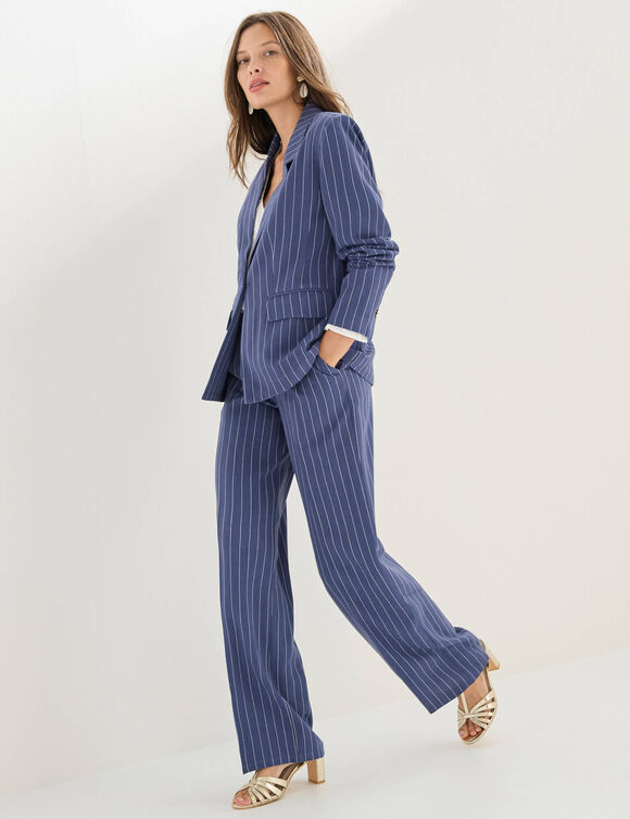 Veste blazer ray&eacute;e, viscose-lin (bleu)
