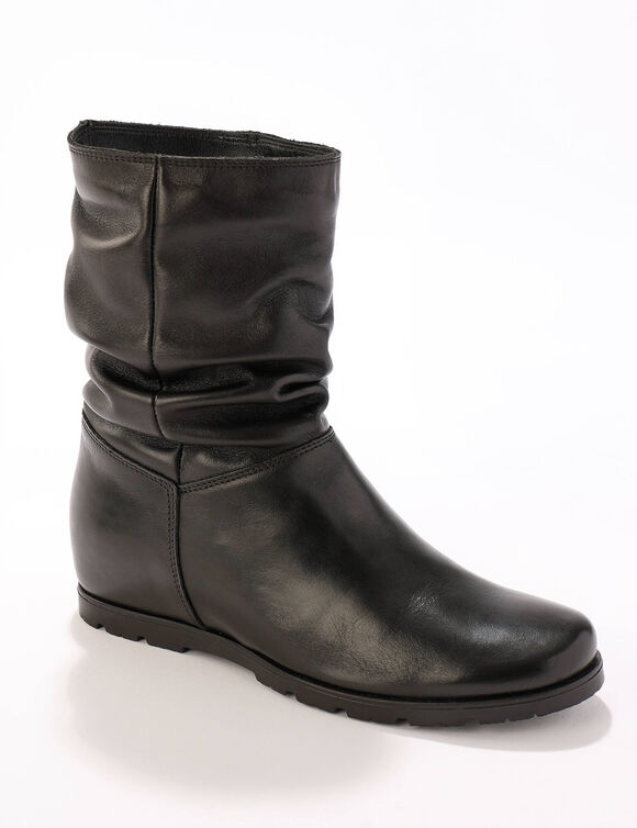 Bottes plissées mi-hautes en cuir avec semelle compensée invisible - noir (noir)