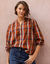 Geknoopte blouse met mao-kraag, geruit, katoen (granaatrood / grijsbeige)