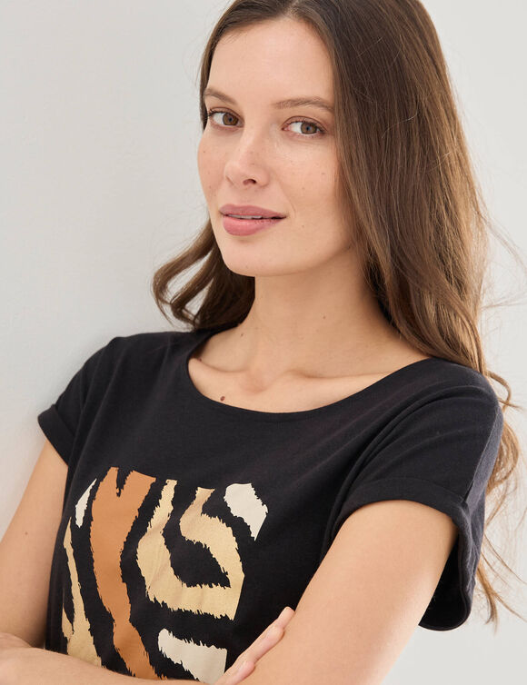 T-shirt manches courtes, imprim&eacute; (noir / caramel)