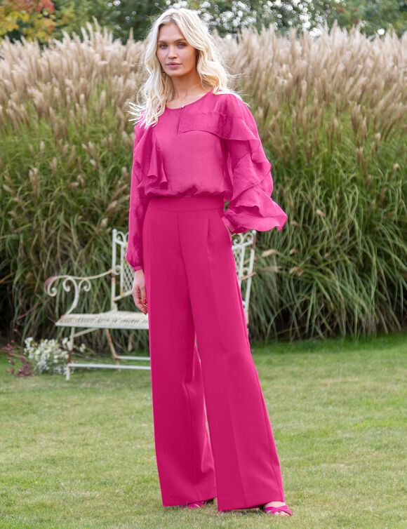 Pantalon large &agrave; pinces taille haute, uni (fuchsia)