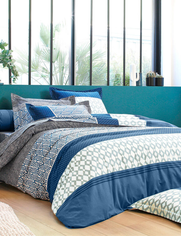 Linge de lit Tommy imprim&eacute; g&eacute;om&eacute;trique - coton 57 fils/cm&sup2; (bleu)