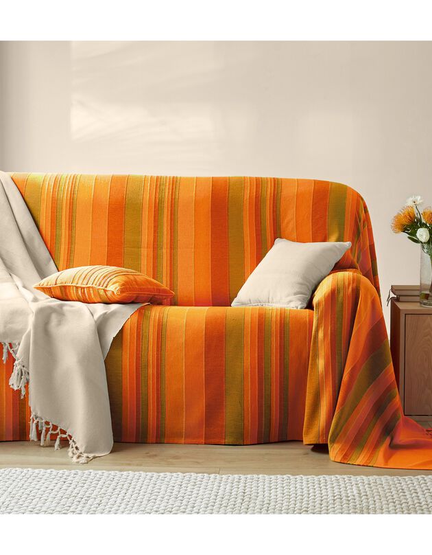 Plaid jeté multicolore coton tissage artisanal, orange, hi-res