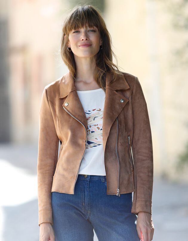 Blouson zippé suédine col tailleur pressionné (caramel)