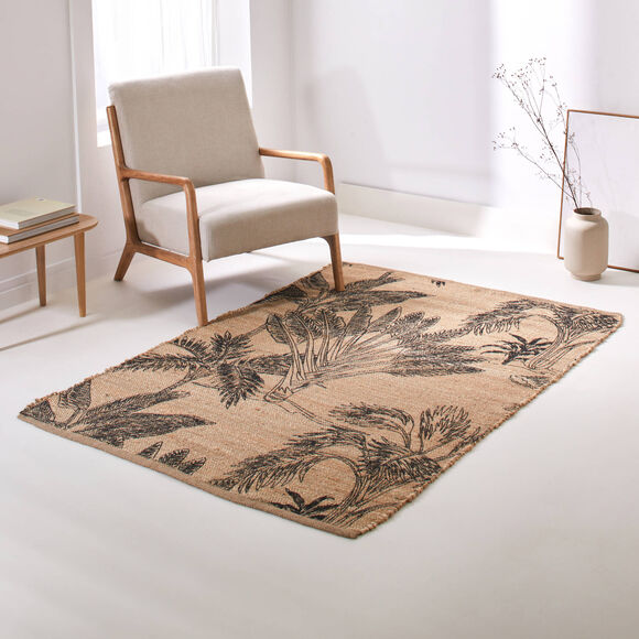 Tapis rectangulaire en jute, motif v&eacute;g&eacute;tal (naturel / noir)