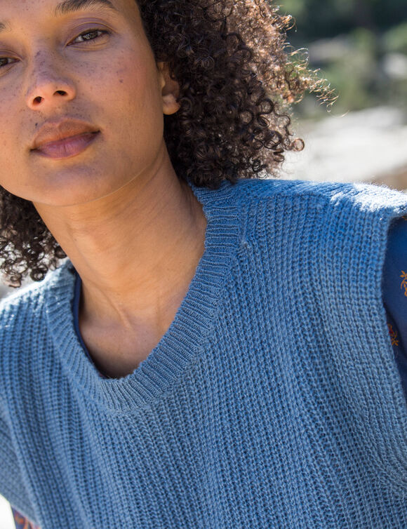 Mouwloze trui, pareltricot met mohairtouch (blauw)