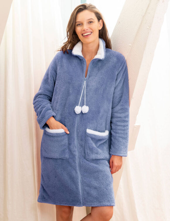 Robe de chambre maille polaire (bleu jean / &eacute;cru)
