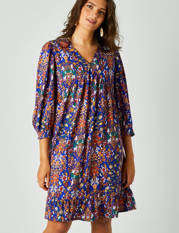 Robe housse manches 3/4 imprimée, crêpe (bleu / orange)