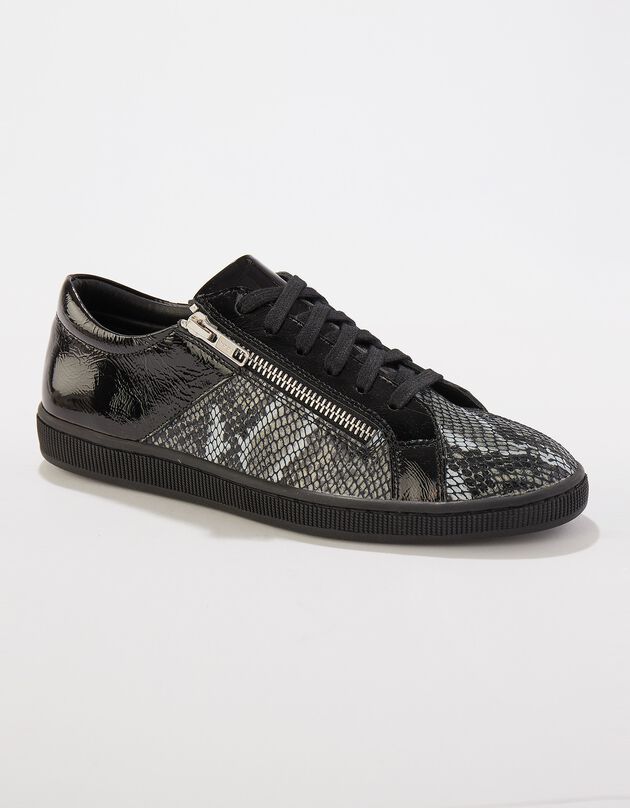 Sneakers met rits in soepel leer, 2 materialen - laag model (zwart / grijs)