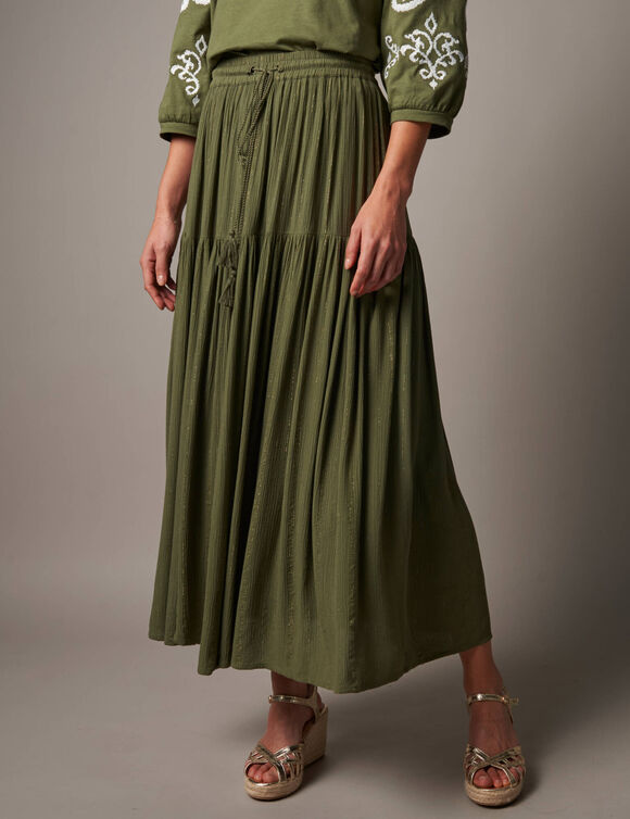 Jupon long en cr&eacute;pon et fils brillants, taille &eacute;lastiqu&eacute;e (kaki / dor&eacute;)