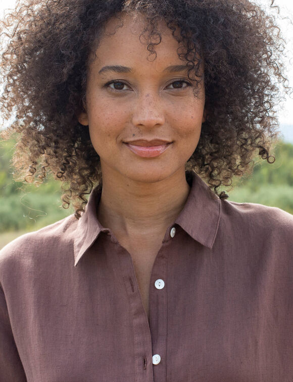 Robe chemise en coton-lin, manches retroussables (marron)