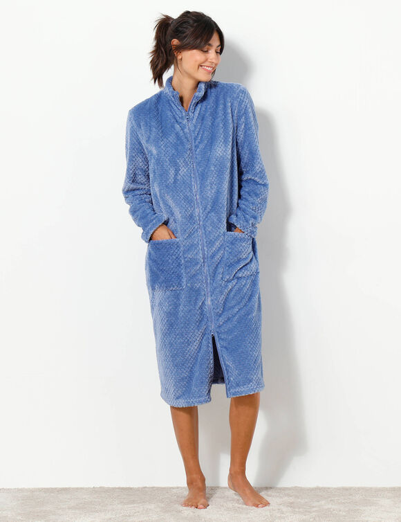 Kamerjas met rits in fleecetricot met textuur (jeansblauw)