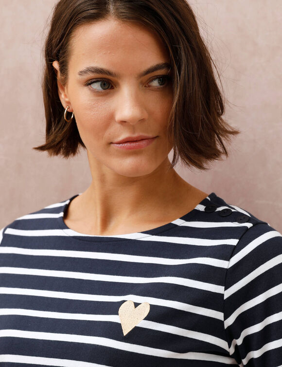 Marine-T-shirt met goudkleurig hartborduursel (marine / wit)